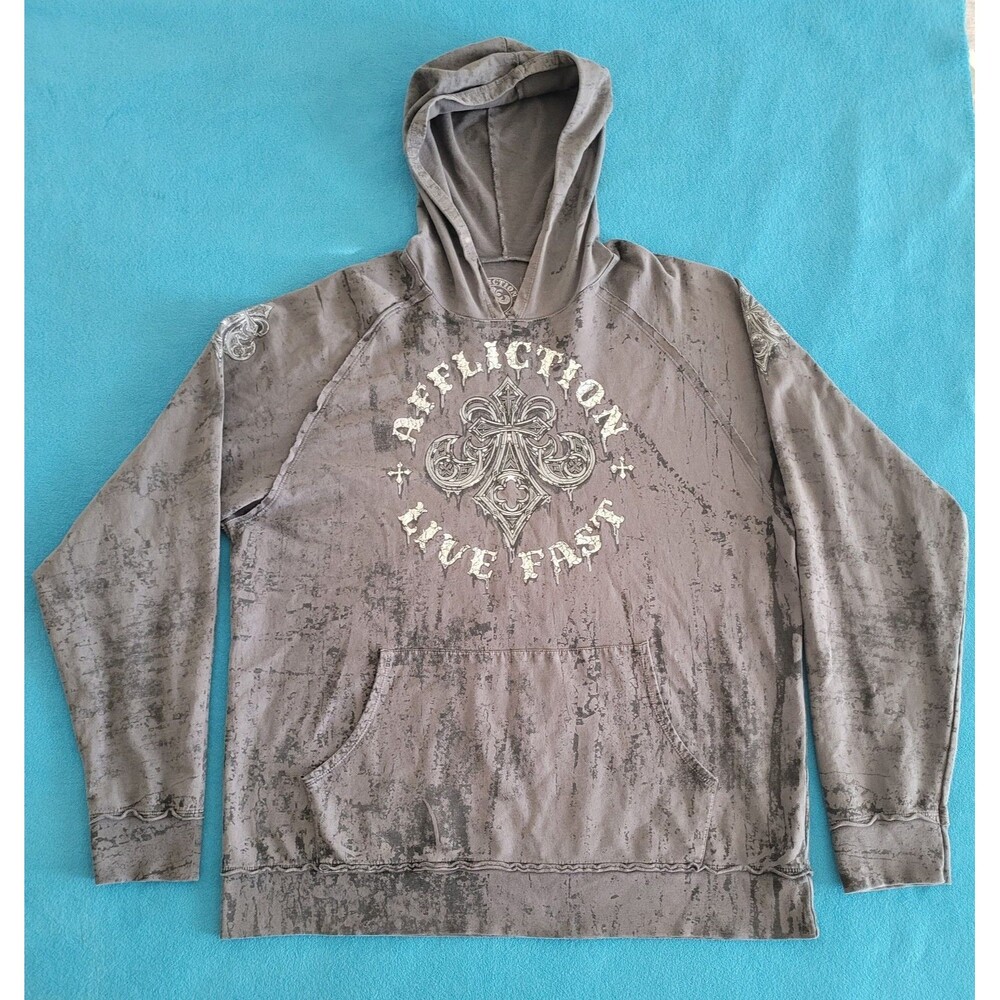 Affliction Mens 2XL Pullover Hoodie Wings` Chains Cross Y2K Live Fast Distressed